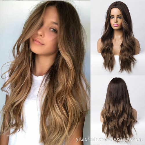 FZY Blonde  Synthetic Wig Ombre Blonde Brown Long Wigs Middle Part Hair Wig Daily Natural Wavy Heat Resistant Fiber for Women